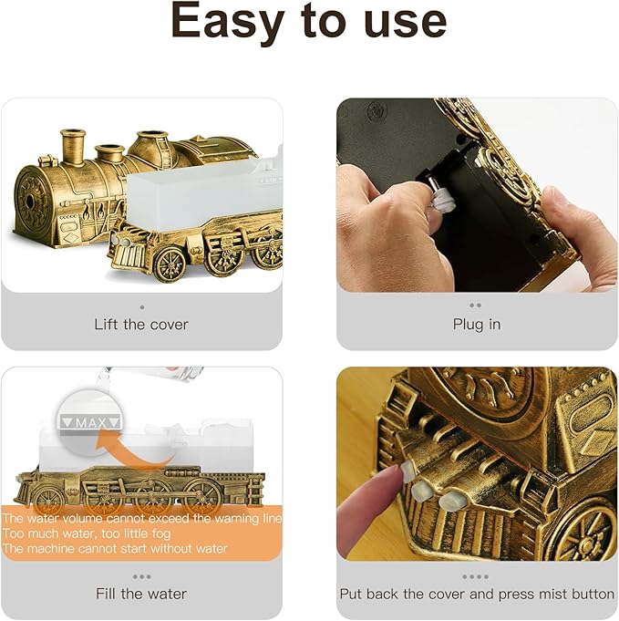 Essential Oil Diffuser Train Diffuser 300ml, Train Humidifier, Aromatherapy Diffuser Cool Mist Aromatherapy with 2 Light 2 Mist Mode Auto Shut-Off, Remote Included for Office Baby Home (Copper)