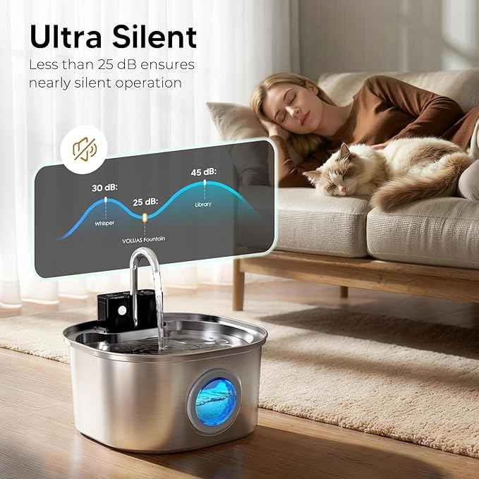 Voluas Cat Water Fountain Stainless Steel-Wireless Pet Water Fountain Battery Operated,108oz/3.2L, Automatic Water Dispenser for Dogs with Quiet Pump,Easy Clean BPA-Free for Cats, Dogs, Multiple Pets