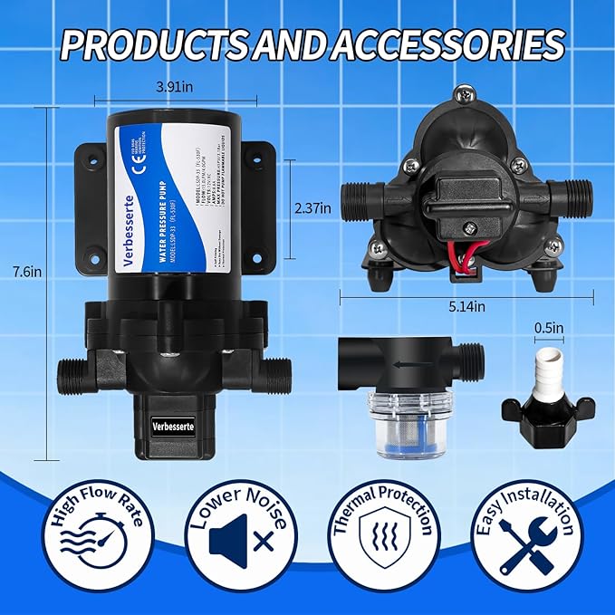 12V DC RV Fresh Water Pump for Home,4GPM 45PSI Self Priming Garden Hose Booster Sprinkler Pump for Bathroom Camp,Washdown Diaphgram with Pressure Switch for Boat Irrigation Yach