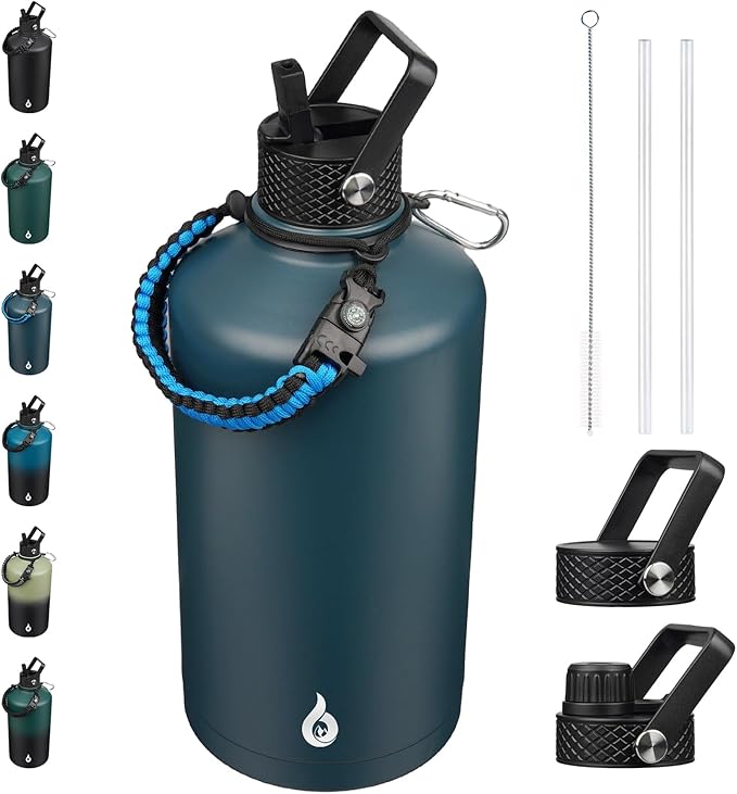 BJPKPK 1 Gallon Water Bottle with Straw Lid, 128oz Large, Stainless Steel Water Bottles with 3 Lids and Paracord Strap, Double Wall Vacuum Metal Jug, Navy Blue
