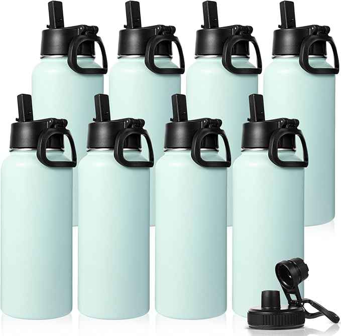 Neihepal 32 oz Insulated Water Bottles Bulk with 2 Lids (Straw & Spout Lid), Stainless Steel Double Wall Water Bottle, Keeps Cold 24H & Hot 12H (Fog,8 Pack)