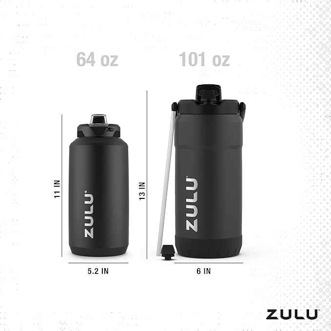 ZULU Goals Vacuum Insulated Large Capacity Stainless Steel Water Bottle | Reusable Jug Thermoses with Carry Handle | Leak-Proof Lid | Perfect for Travel, Workout, Gym, Hiking, Camping | 64oz, 101oz