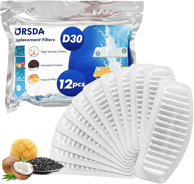 ORSDA Cat Water Fountain Filters, Replacement Carbon, Resin Filter ONLY for D30 67oz/2L Automatic Cat Fountain Dog Water Dispenser, 4 Filtration System (12PCS Filters）