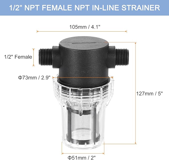 uxcell Pressure Washer Filter 1/2" NPT Female Thread, Inline Mesh Strainer Attachment, Outlet for Pipe Strainer, Stainless Steel Screen with Sealant Tape (Size:100 Mesh) - AquaVibe