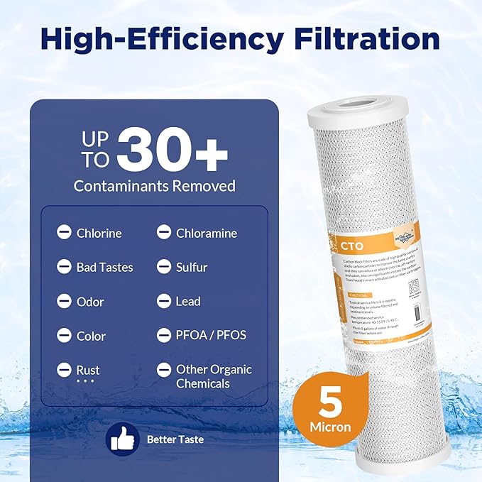 Membrane Solutions 5 Micron 2.5" x 10" CTO Carbon Block Water Filter Cartridge Replacement for Whole House Filtration Systems, Compatible with WFPFC8002, WFPFC9001, FXWTC, WHKF-WHWC, 4-Pack