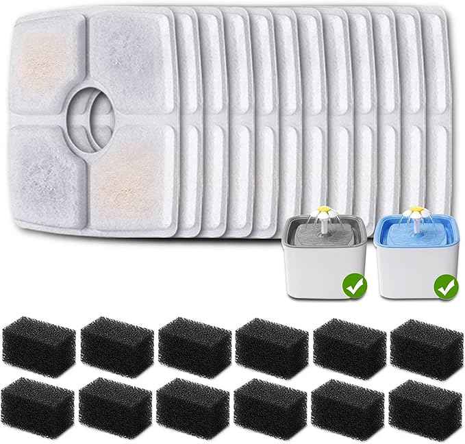 12 Pack Replacement Filters & 12 Pack Pre-Filter Sponges for Veken 84 oz / 2.5L Automatic Pet Water Fountain, Triple Filtration Cat Fountain Replacement Filter