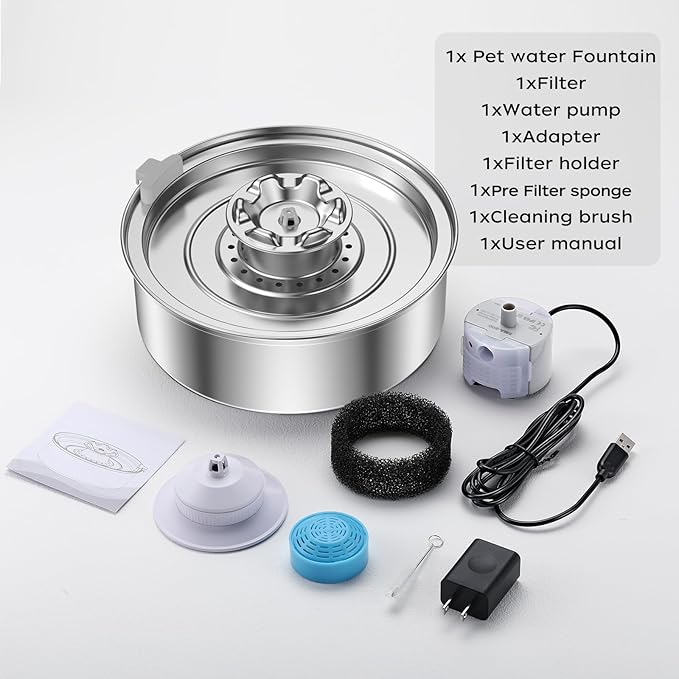 OYES Cat Water Fountain,Stainless Steel 2.0L/67oz Automatic Circulating Pet Water Fountain,Ultra-Quiet Pump with LED Light,Dishwasher Safe,Cat Fountain Suitable for Cat and Puppy (2L Cat Fountain)