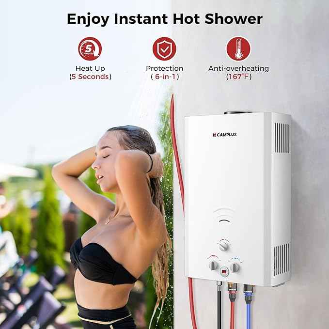 CAMPLUX Outdoor Tankless Water Heater Propane, 4.22 GPM Propane Tankless Water Heater, 16L Outdoor Water Heater for Camping, Remote Cabins, Tiny House & Mobile Home, 110,000 BTU, BW422