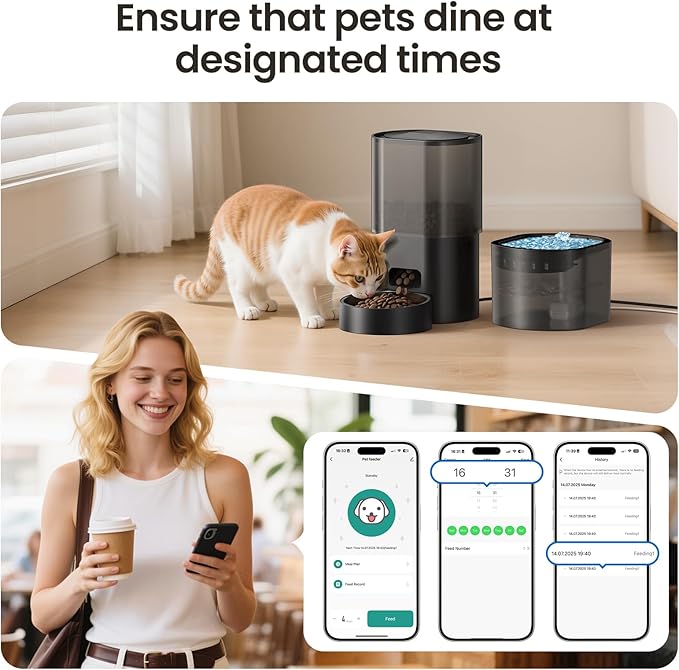 Automatic Cat Feeder and Water Fountain, 2-in-1 Automatic Dog Feeder with 2.4G WiFi APP Remote Control, Smart Timed Cat Food Dispenser with 10s Voice and 1-10 Meals/Day for Cat and Small Dog