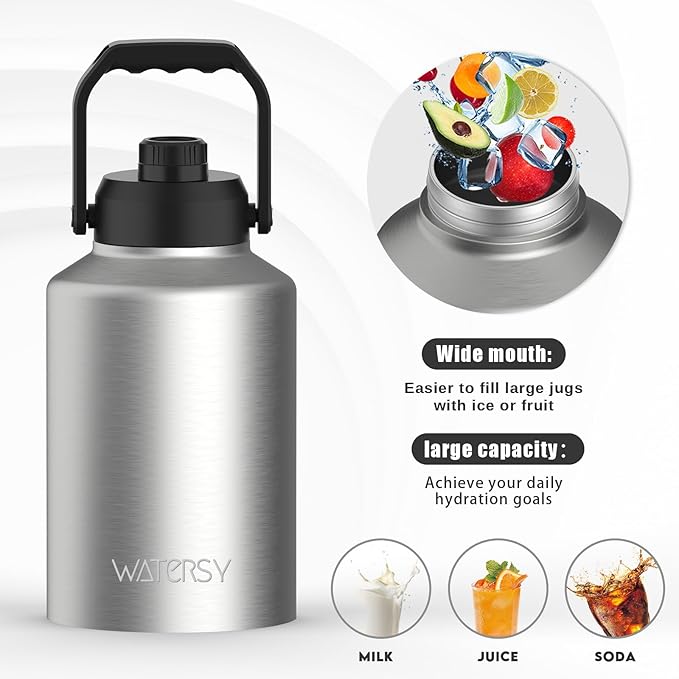 WATERSY Half Gallon Water Bottle Insulated(Cold for 48 Hrs),BPA Free&Leak Proof,64oz Stainless Steel Water Jug/Flask,Big thermo,Large Water Bottle with Handle for Gym,Hiking,Camping,Stainless