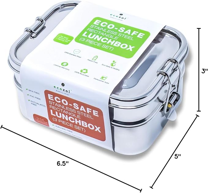 ecozoi Leak Proof Stainless Steel Lunch Box, 3-in-1 Eco Bento Box | Redesigned Silicone Seal + Bonus Lunch Pod | Sustainable Tiffin Eco Friendly Metal Bento Box Food Storage Containers