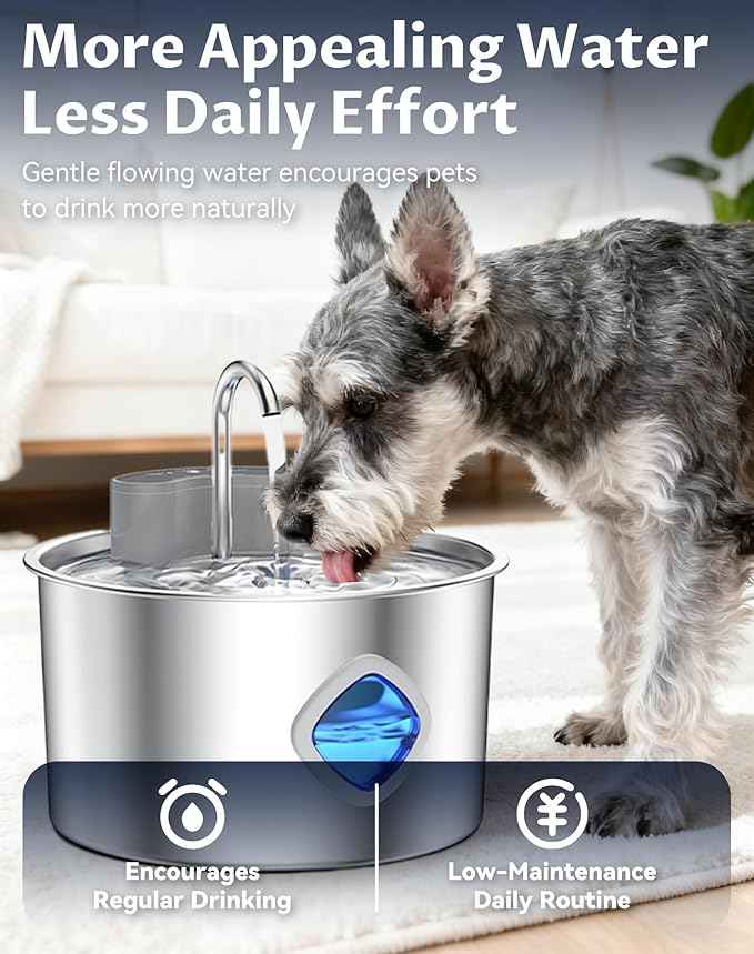 Water Bowl, Cordless Dog Water Fountain with Faucet-Style Flow, 3 Smart Dispensing Modes, Ultra-Quiet Pump, 3.2L Stainless Steel Dog Water Bowl for Dogs Cats (Bowl+6Set Filter)