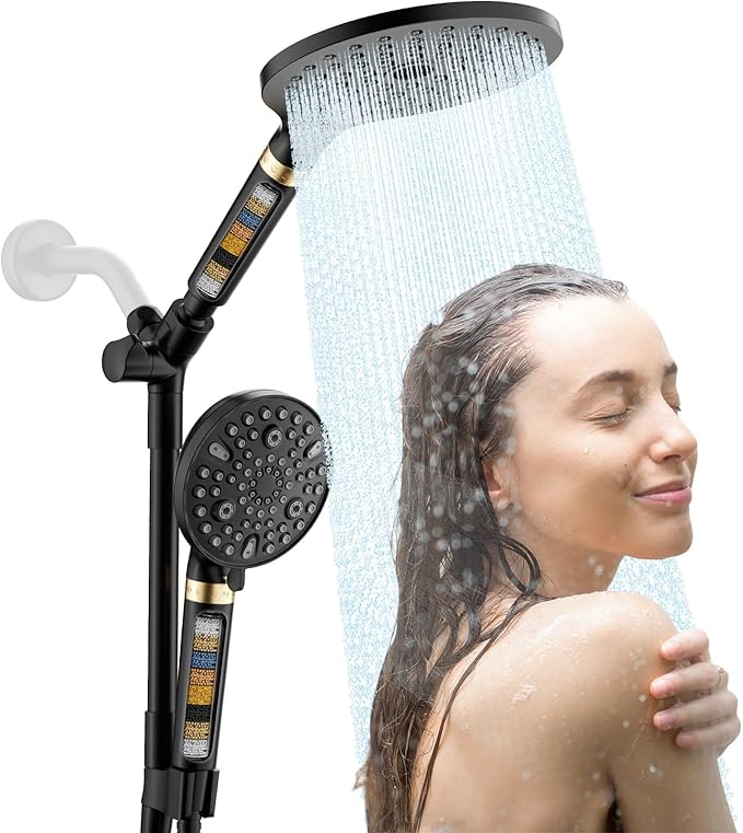 JONKEAN Dual Shower Heads with Handheld Spray Combo, 7.5" Big Filtered Double Shower Head for Hard Water, 9 Modes Waterfall Rain Shower Head High Pressure with Long Hose & Adjustable Bar (Matte Black)