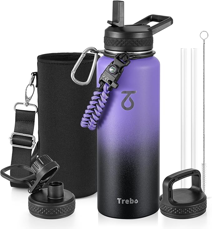 Trebo Water Bottle 40oz with Paracord Handle, Half Gallon Large Vacuum Double Wall Stainless Steel Insulated Water Jug with Holder Strap Straw Spout Lids, Leakproof Keep Cold & Hot,Dark Purple