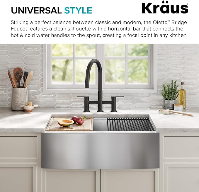 KRAUS Oletto Bridge Kitchen Faucet with Pull-Down Sprayhead in Matte Black, KPF-3122MB