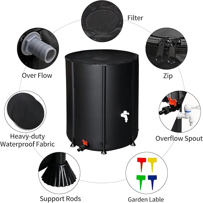 Outvita 132 Gallon Collapsible Rain Barrel, Garden Water Storage Tank, Portable Folding Rainwater Collector, Water Catcher with Filter Overflow Kit Faucet Black