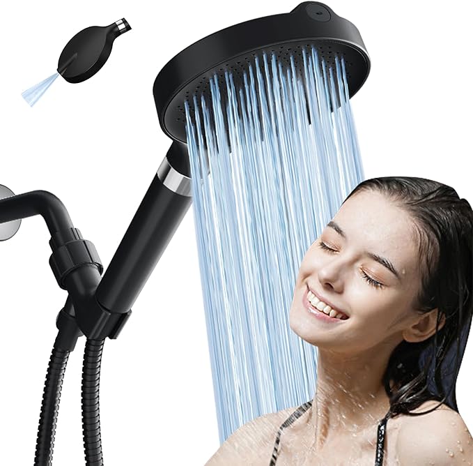 6“ Filtered Shower Head with Handheld, 6-Spray High Pressure Shower Head with Filter for Hard Water, Detachable Handheld Showerhead with Hose and Shower Arm Bracket, Matte Black - AquaVibe