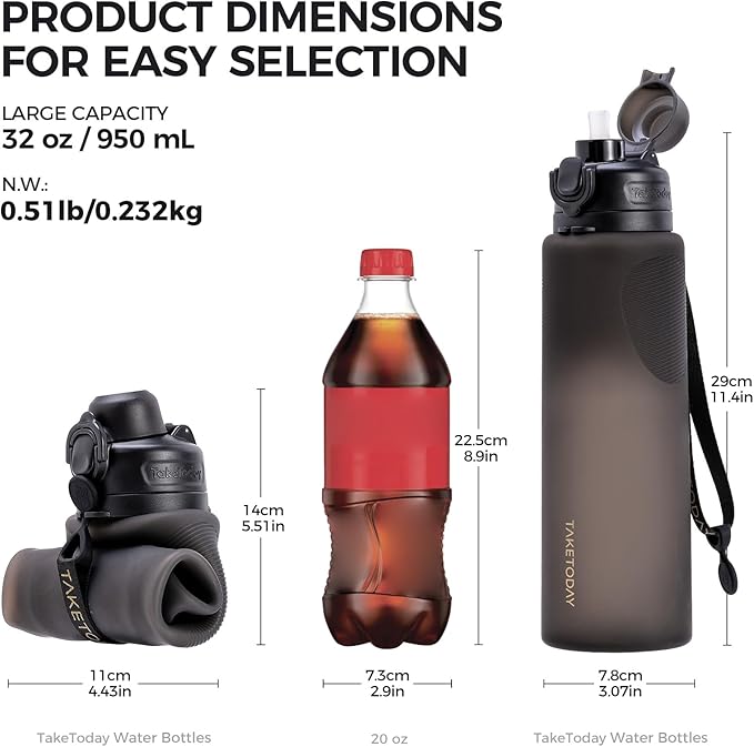 TakeToday Collapsible Water Bottles 32oz, Foldable Travel Bottle, TSA-Approved Leakproof Newly Silicone Water Bottle for Hiking, Travel, Outdoors, Purple