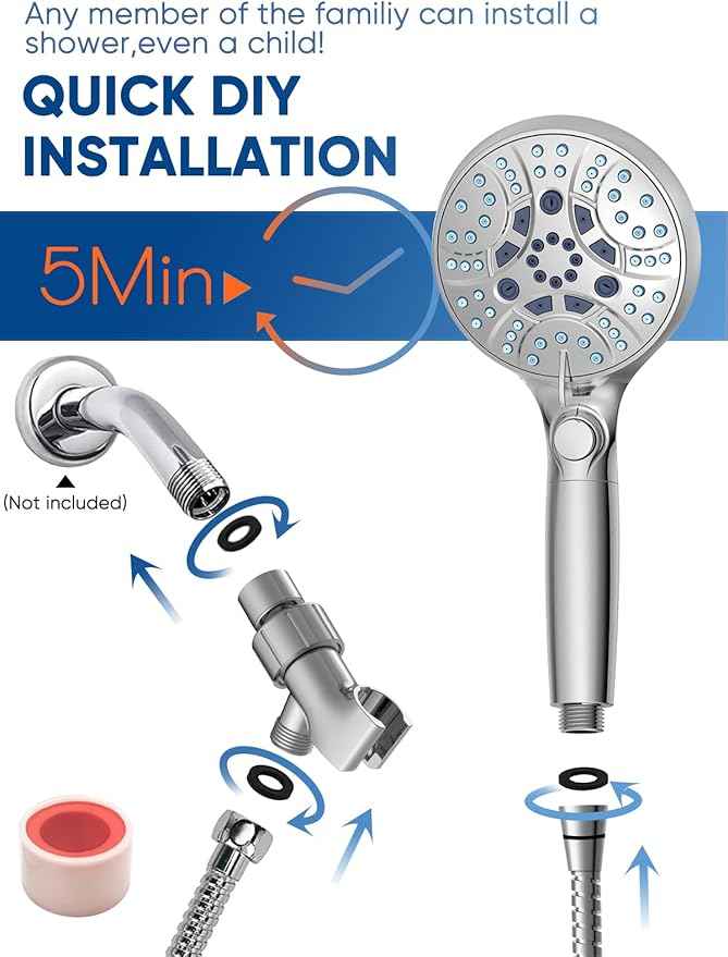Pavezo® High Pressure Handheld Shower Head with Filter, ON/OFF Switch Pause Button, 10-mode Shower Head with Hard Water Softener Filters, SS Hose, Anti-clog & Powerful Clean Tile & Pet, Premium Chrome