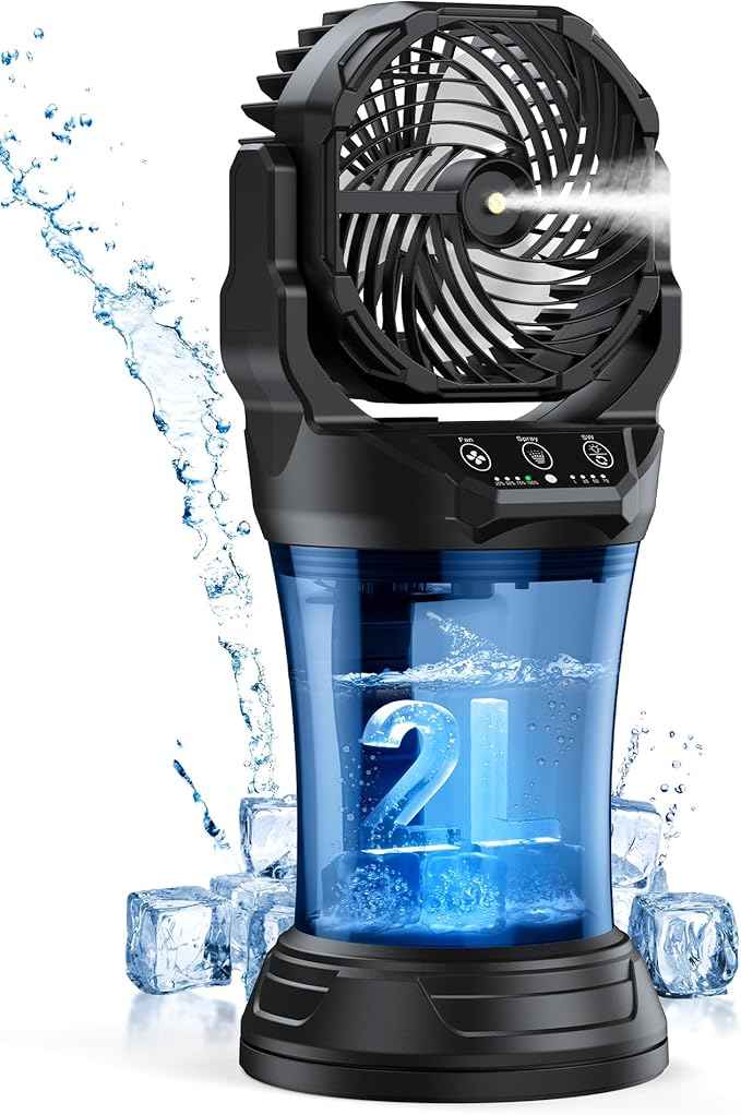 Portable Misting Fan for Outdoor Patios - 30000mAh Rechargeable Battery Operated Camping Fan with 2L Water Tank, 4 Spray, 4 Speeds & RGB Light for Fishing/Travel/Garden Party/Golf/Tent/Office
