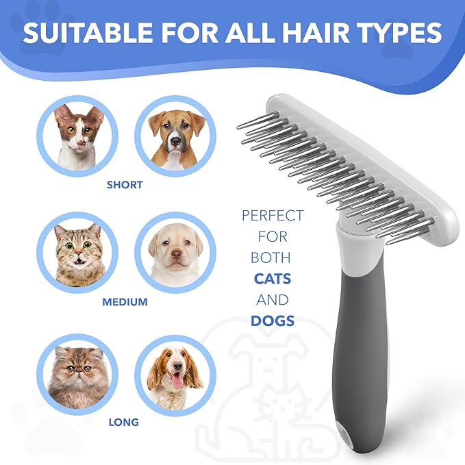 Dog rake deshedding dematting Brush Comb - Undercoat rake for Dogs, Cats, matted, Short,Long Hair Coats - Brush for Shedding, Double Row Stainless Steel pins - Reduce Shedding by 90% (White) - AquaVibe