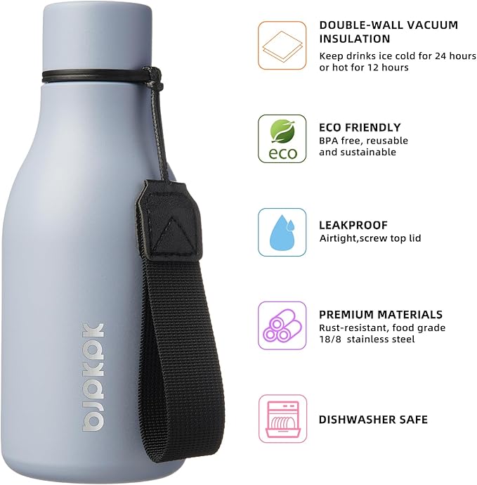 BJPKPK Insulated Water Bottles, 12oz Stainless Steel Metal Water Bottle with Strap, BPA Free Leak Proof Jugs, Mugs, Flasks, Reusable Thermal Flasks for Sports & Travel, Mist Grey