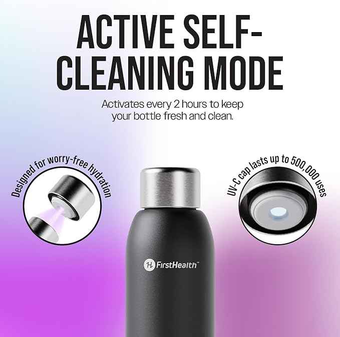 FIRSTHEALTH UV Self-Cleaning Water Bottle, 18oz Insulated Stainless Steel Tumbler with UV-C Purifier, Rechargeable Self-Sterilizing Cap, Kills 99.9% Bacteria, Keeps Drinks Hot 12HR/Cold 24HR