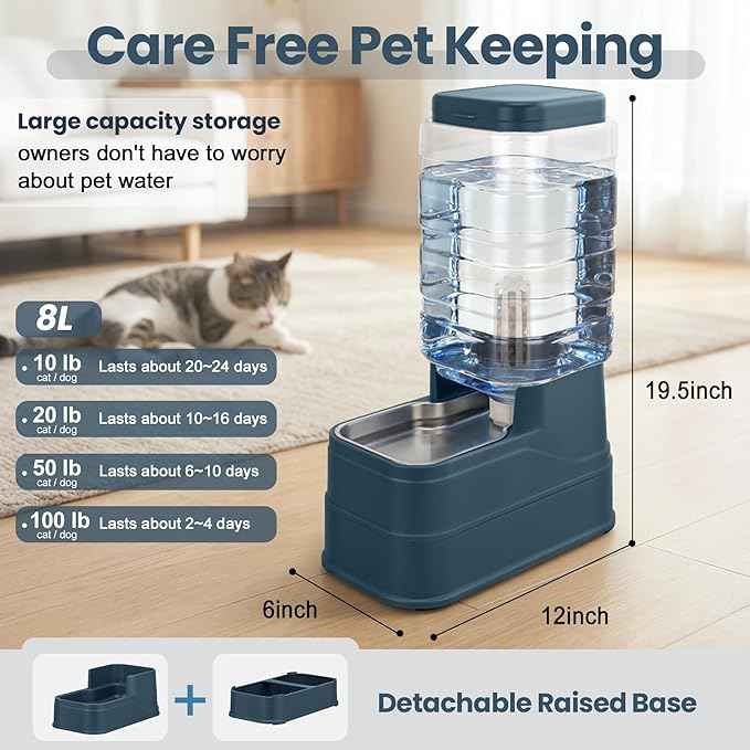 Automatic Dog Water Dispenser Gravity Stainless Steel Water Feeder Cat Waterer Feeder with Wide Mouth Bowl for Small Medium Dog Puppy Kitten (Filter &Ice Pack Included) 2.2Gallon Navy