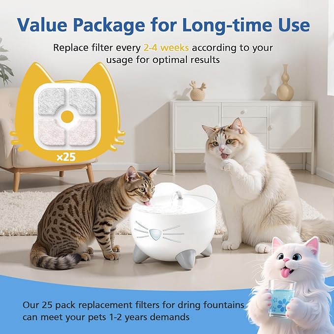 25 Pack Cat Fountain Filter Compatible With Catit PIXI Drinking Fountain, Replacement Triple Action Water Filter with Ion-exchange Resin & Activated Carbon, White