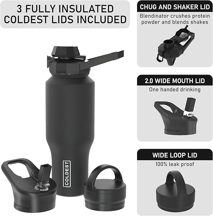 Coldest Sports Water Bottle - 3 in 1 Lids (Chug, Straw, Handle) - Insulated Stainless Steel Tumbler with Handle - Vacuum Water Flask Cup, Valentines Gifts for Him Her (36 oz, The American)