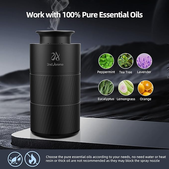 Waterless Essential Oil Diffuser, Aluminum Rechargeable Battery Operated Diffuser, 3 Timer Settings, 3 Mist Levels, 20ml Essential Oil Include, Black Mini Diffuser for Car Home Office Travel