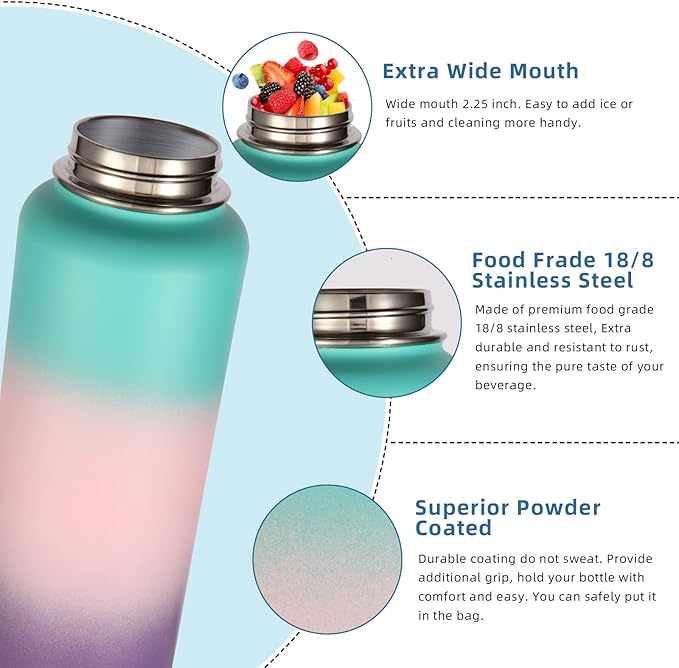 Volhoply 32 oz Water Bottle with Straw Lid & Spout Lid,Insulated Sports Water Bottle,Double Wall Vacuum Stainless Steel Cups,Leakproof Wide Mouth Metal Flask,Keeps Cold or Hot(Gradient Color,1)
