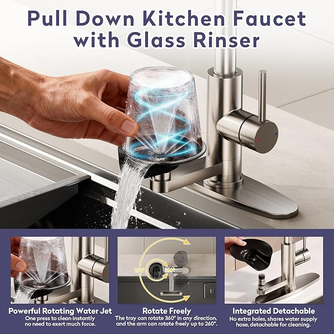 HOWUWEY Chrome Filtered Shower Sprayer with Sink Hose Attachment for Faucet & HOWUWEY Brushed Nickel Kitchen Faucet with Pull Down Sprayer & Cup Washer