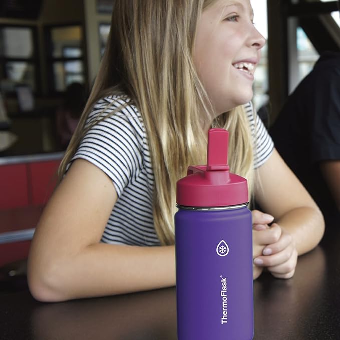 ThermoFlask Kids 14 oz Insulated Water Bottles with Straw Lid BPA-Free Stainless Steel Leakproof & Spill-Proof Design Easy Clean Wide Mouth 2-Pack for School, Sports, Playdates, Punch/Eggplant