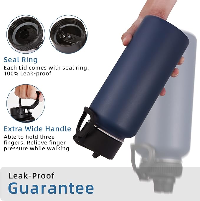 Volhoply 32 oz Insulated Water Bottles Bulk 4 Pack with Straw Lid & Spout Lid,Stainless Steel Sports Water Bottle,Double Wall Vacuum Cups,Leakproof Wide Mouth Metal Flask for Hiking,Camping(Navy,4)