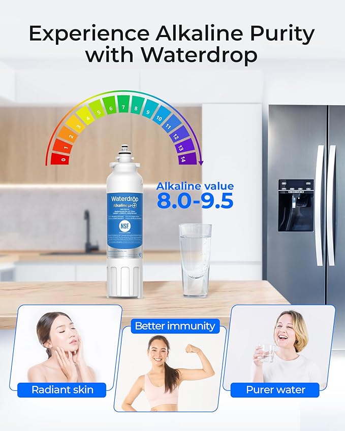 Waterdrop 𝐀𝐥𝐤𝐚𝐥𝐢𝐧𝐞 ADQ73613401 Water Filter, 𝐄𝐧𝐡𝐚𝐧𝐜𝐞𝐬 𝐩𝐇, Replacement for LG® LT800P®, ADQ73613402, ADQ75795104, LSXS26326S, LMXC23746S, LSXS26366S, LSXS26386D, 4 Filters - AquaVibe