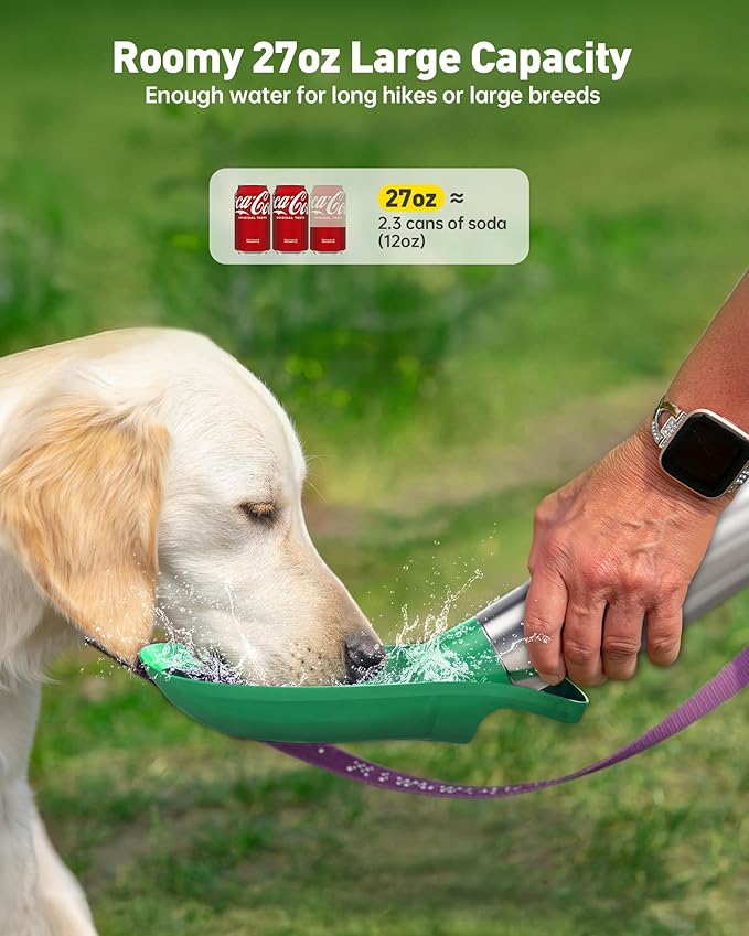Stainless Steel Dog Water Bottle - 27 oz Portable Travel Dog Bottle & Bowl, Leak Proof Stainless Steel Metal Pet Water Bowl Dispenser for Camping, Hiking, Traveling, Walking (27oz, Green) - AquaVibe