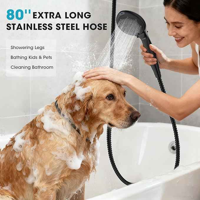 FASDUNT Filtered Shower Head with Handheld, High Pressure 8-Mode Handheld Showerhead with Filters for Hard Water -Remove Chlorine, Built-in Power Wash, 80" Long Hose & Adjustable Bracket, Black