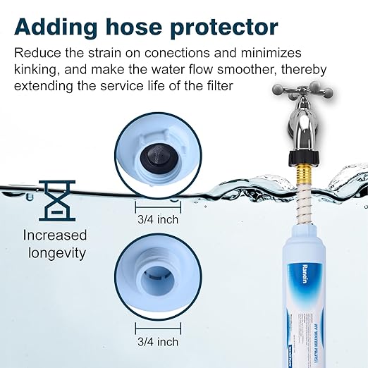 Ranein 2 Pack RV Inline Water Filter with Hose Protector, NSF Certified, Reduces Chlorine, Odor, Bad Taste and Sediment in Drinking Water, Ideal for RV's Campers, Travel Trailers and Boats
