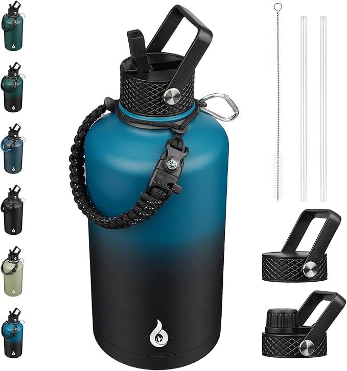 BJPKPK 2/3 Gallon Water Bottle with Straw Lid, 87oz Large, Stainless Steel Water Bottles with 3 Lids and Paracord Strap, Double Wall Vacuum Metal Jug, Blue & Black