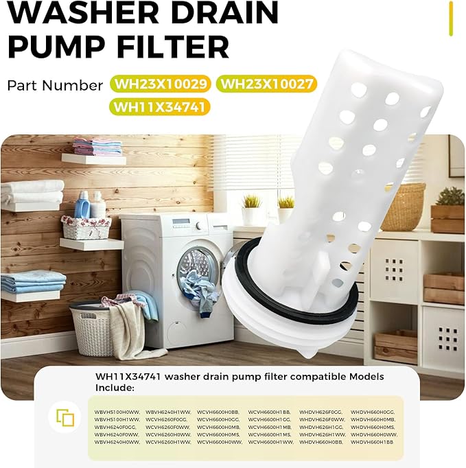 WH11X34741 Washer Drain Pump Filter for GE & Hotpoint Washer Replaces WH23X10029, WH23X10027, AP7205454, 4977949, PS16874133, EAP16874133 - AquaVibe