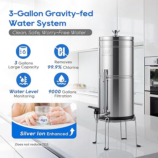 LCF 𝐒𝐢𝐥𝐯𝐞𝐫 𝐈𝐨𝐧𝐬 Enhanced Gravity Water Filter System, Reliable Alternative to Berkey Water Filter System, NSF/ANSI 42&372 Standard, Reduces 99% Chlorine, 6 Filters, Water Level Spigot, 3Gal