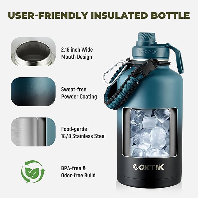 COKTIK 64oz Insulated Water Bottle - Stainless Steel Vacuum Metal, Portable ½ Gallon Large-Capacity Sports Bottle with Straw, Carry Bag and Handle Strap, Ideal for Gym & Hiking(Dark Night)
