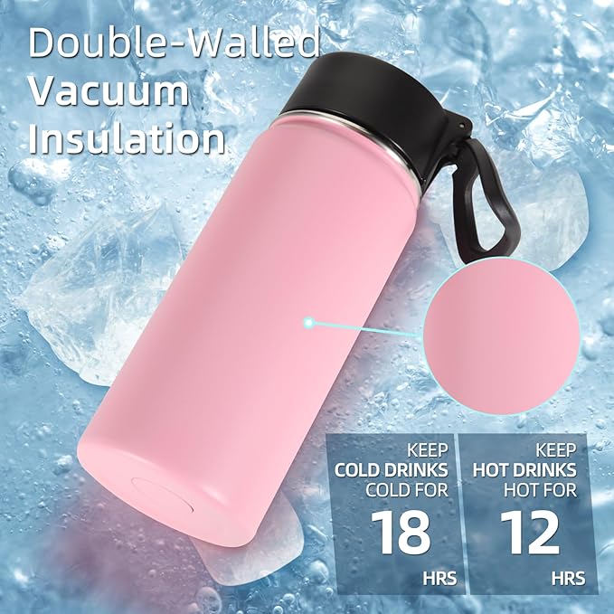 Volhoply 16 OZ Kids Water Bottle Bulk 8 Pack,Insulated Sports Bottles with Straw Lid,Stainless Steel Bottle with Handle Keep Cold & Hot,Double Wall Vacuum Tumbler Cups for School,Girls(Pink, 8)