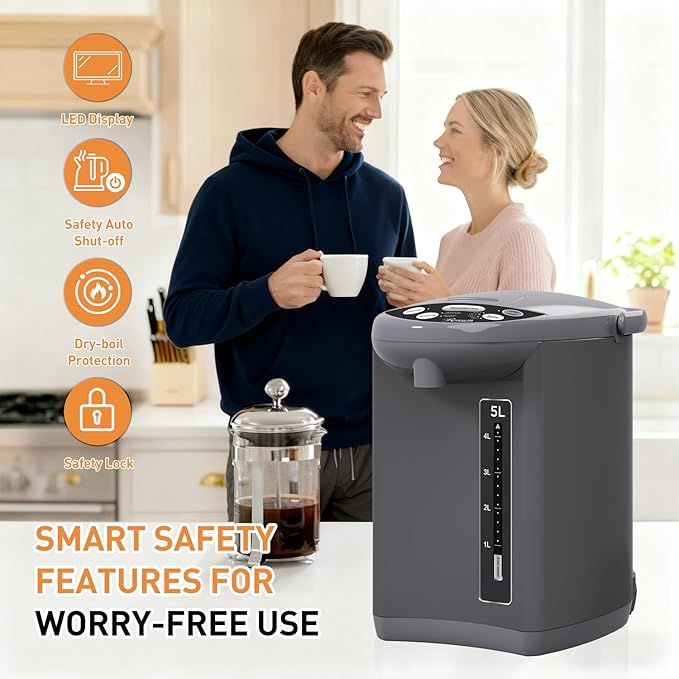 Rosewill Electric Water Boiler and Warmer - 5L/5.3 Qt Stainless Steel Hot Water Dispenser w/Rotating Base, Keep Warm Temperature Set, Auto Shut Off, Safety Lock - Gray