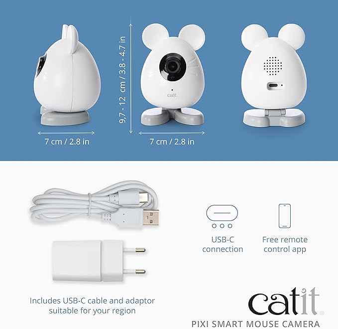 Catit PIXI Smart Mouse Pet Camera – App-Controlled 360 Camera for Cats with Night Vision, 2-Way Audio & Motion Detection – Record & Monitor Your Cat