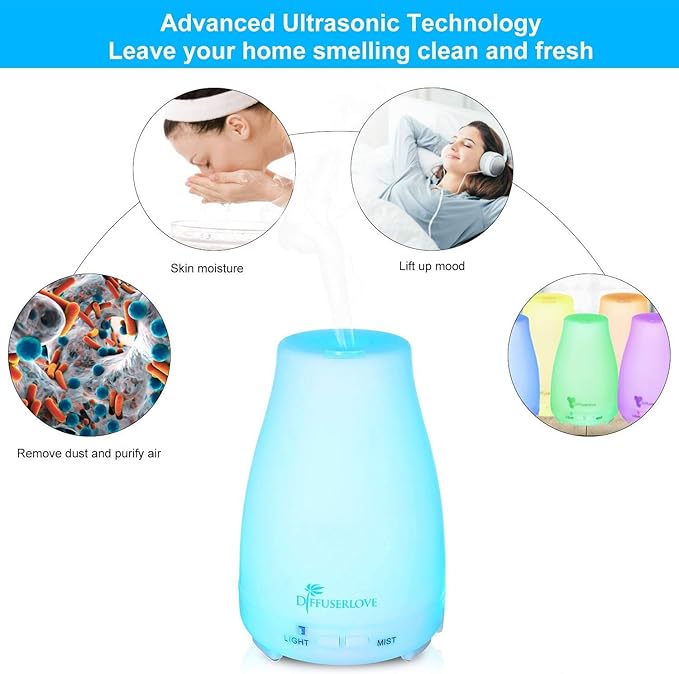 Diffuserlove 2 Pack 200ml Essential Oil Diffuser Ultrasonic Aromatherapy Diffuser with Waterless Auto Shut-Off Aroma Cool Mist Humidifiers with 6 Bottles of Natural Essential Oils /7 Color LED Lights