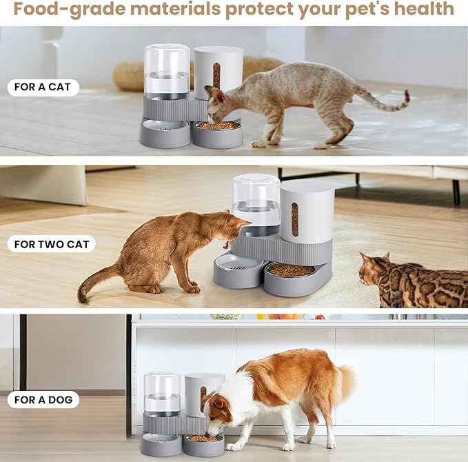 2 Pack Automatic Cat Feeder Stainless Steel Water Dispenser Gravity Food Feeder and Waterer Set with Pet Food Bowl for Small Medium Kitten Puppy Pets Large Capacity(Grey)