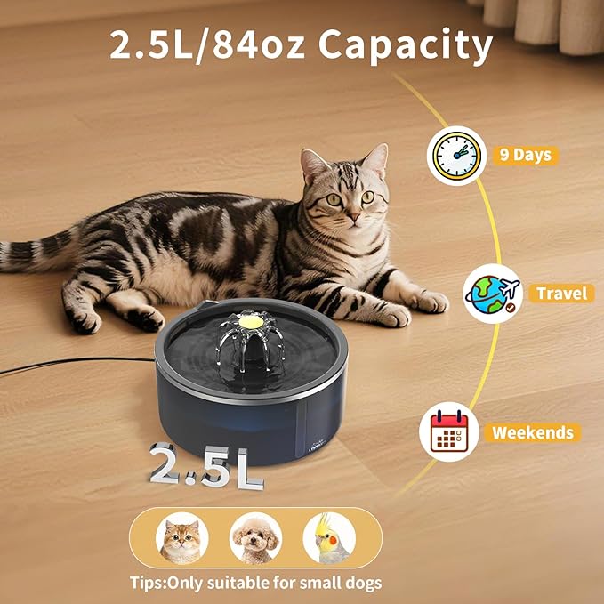 Cat Water Fountain with Dual Filtration System, 2.5L/84oz Pet Water Fountain for Cats Inside, Cat Fountain for Drinking with Ultra Quiet Pump(≤20dB)& LED Blue Light - for Pets Small Animals(2Filters)