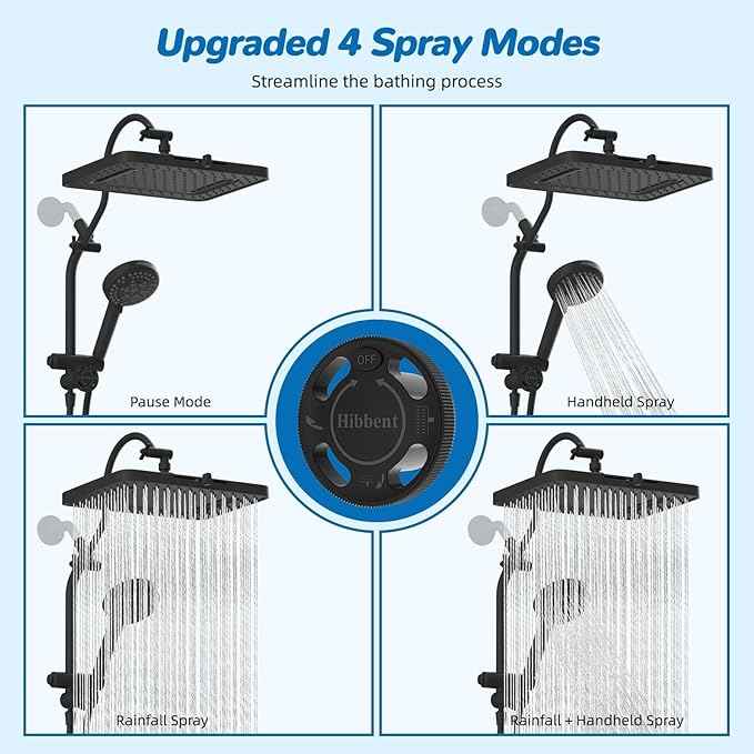 Hibbent cUPC Certified 13'' Shower Head Combo, High Pressure 5 Spray Rainfall Showerhead, 10 Spray Mode Handheld, All Metal Easy Reach 4-way Diverter Arm with Pause Mode, 71'' Hose and Holder, Black